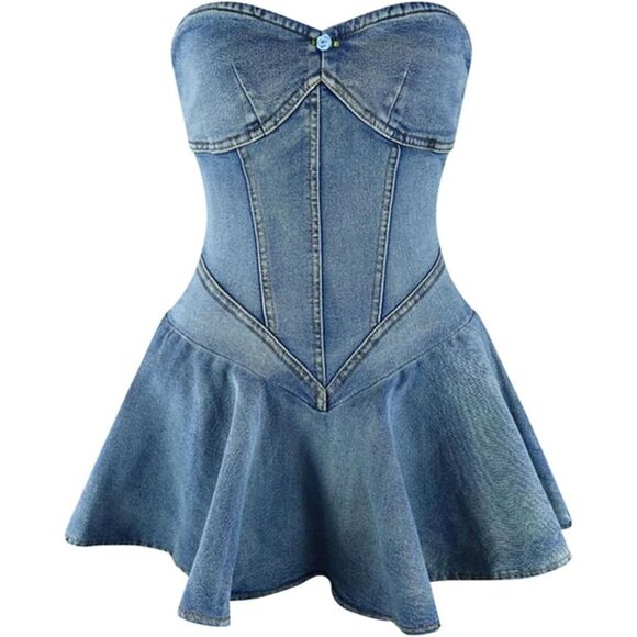 Womens Denim Dress Strapless Off Shoulder Mini Casual Clubwear - Picture 3 of 5